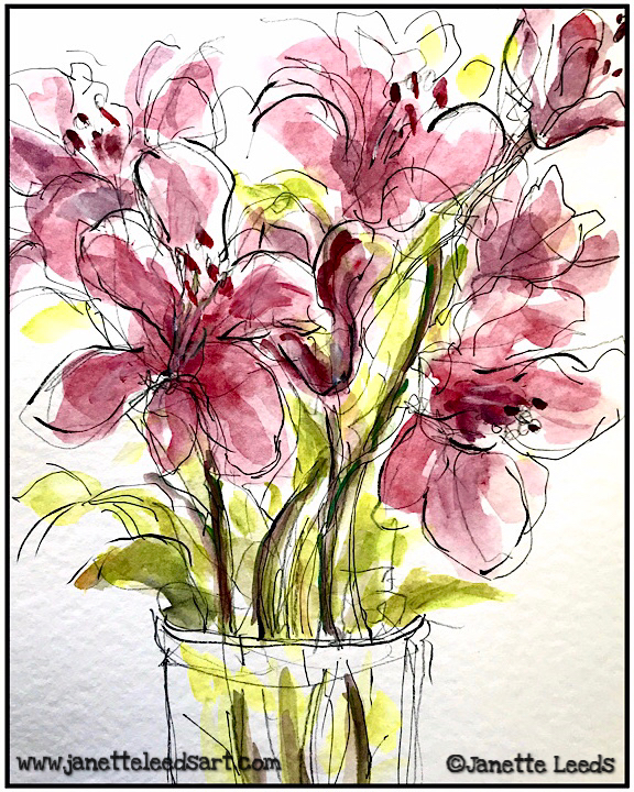Ink pen and watercolour flowers